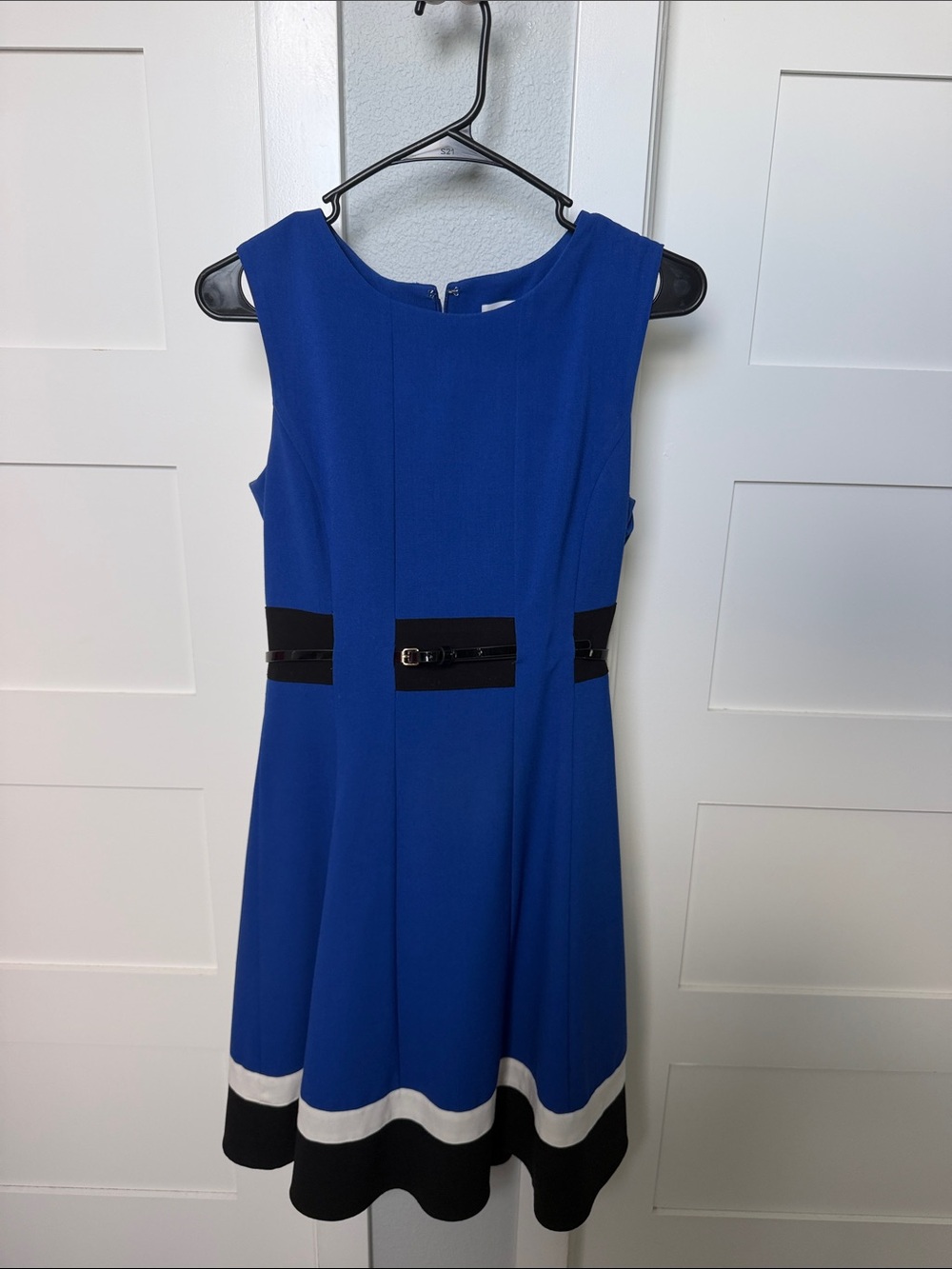 Calvin Klein Royal Blue Sleeveless Fit-and-Flare Dress with Black & White Trim